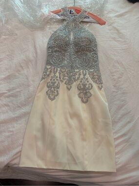 Jovani Silver Beaded Halter Ivory Prom Dress